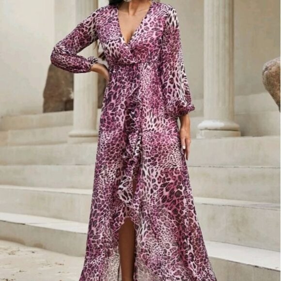 PURPLE LEOPARD BOHEMIAN, WRAP SPECIAL EVENT MAXI DRESS - Picture 4 of 8